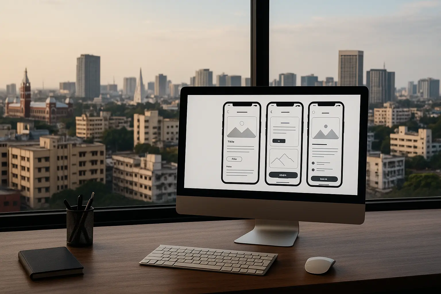 “Modern office desk with computer showing mobile app wireframes and Chennai skyline at sunset – Mobile App Development Company in Chennai 2025”