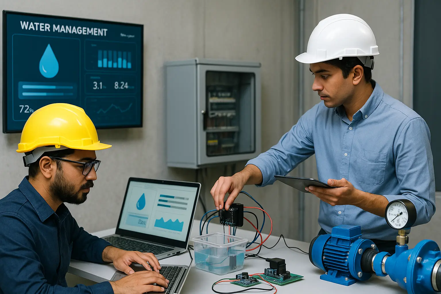 IoT engineers in Chennai working on a smart water management system with sensors and dashboards