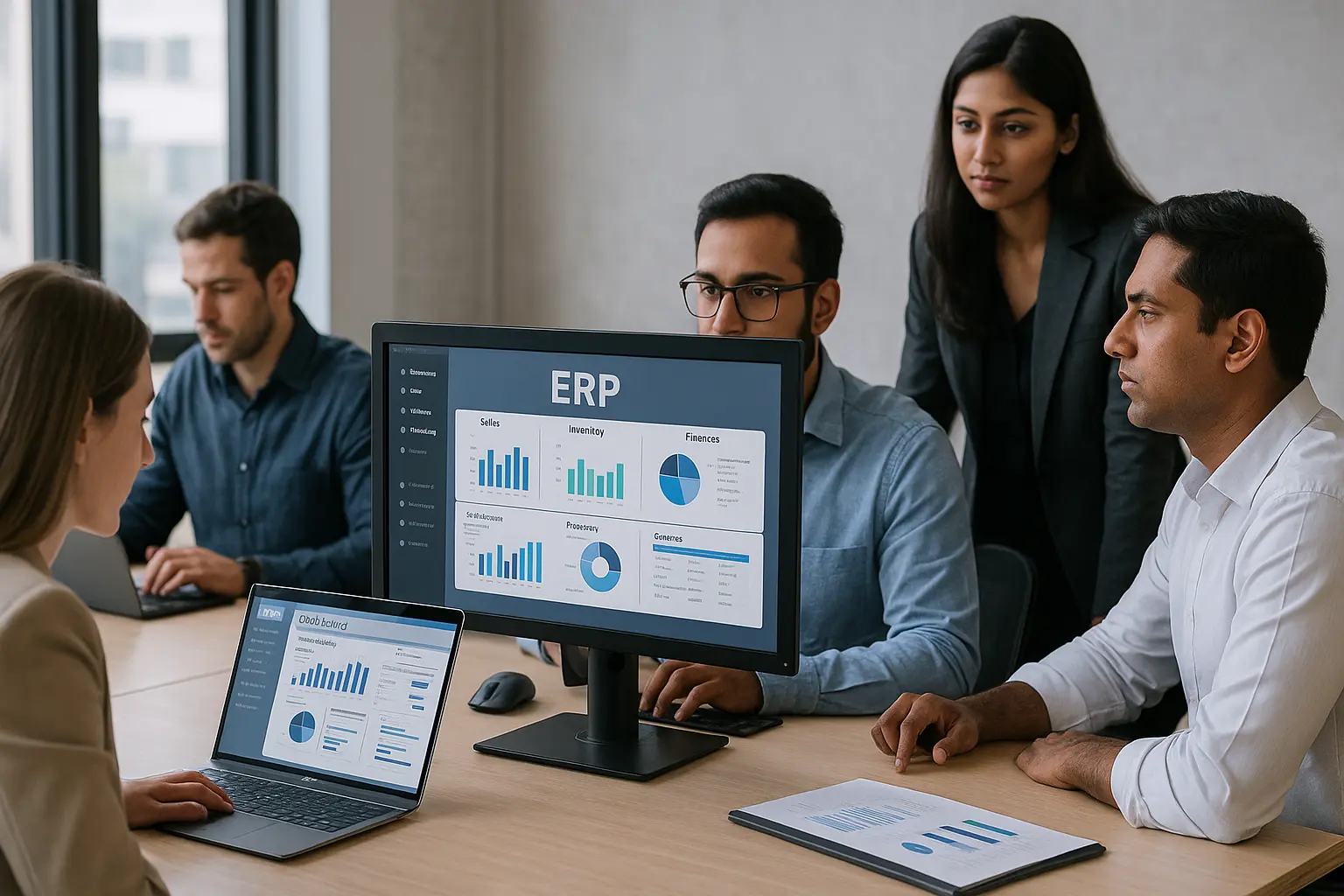ERP software companies in Chennai – business team reviewing ERP dashboards on laptops and desktops in a modern office