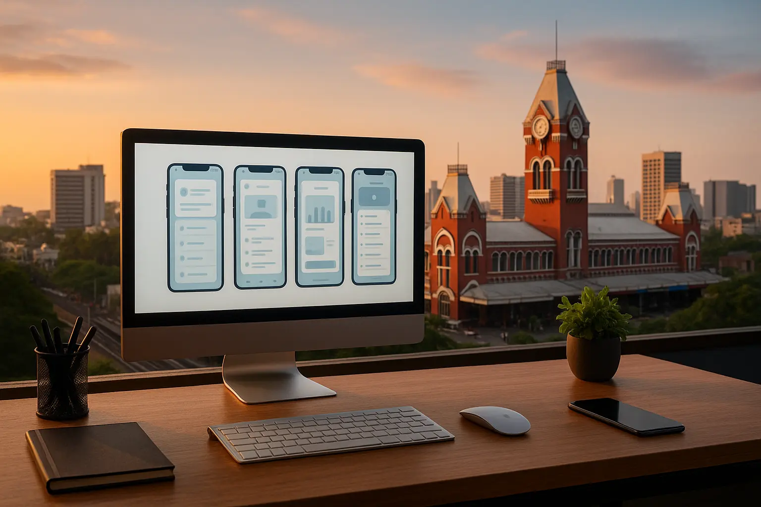 “Modern workspace with computer showing app wireframes overlooking Chennai Central station skyline at sunset – Top Mobile App Development Company in Chennai 2025”