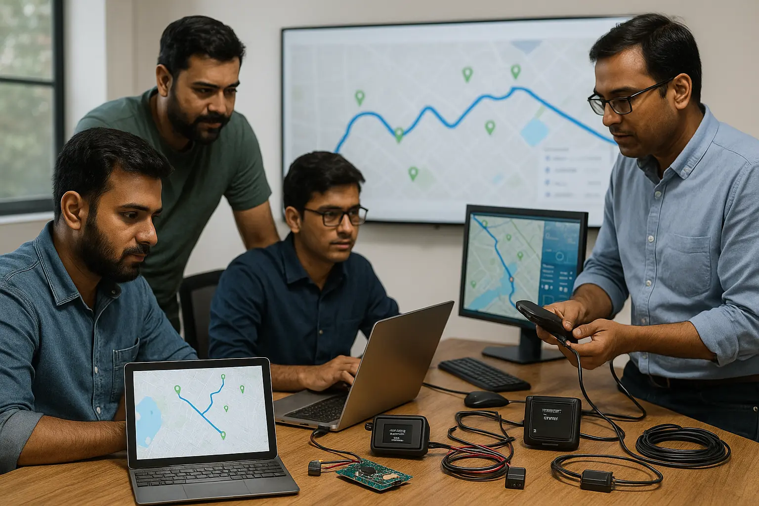 IoT engineers in Chennai working on an asset tracking system with GPS devices and real-time dashboards