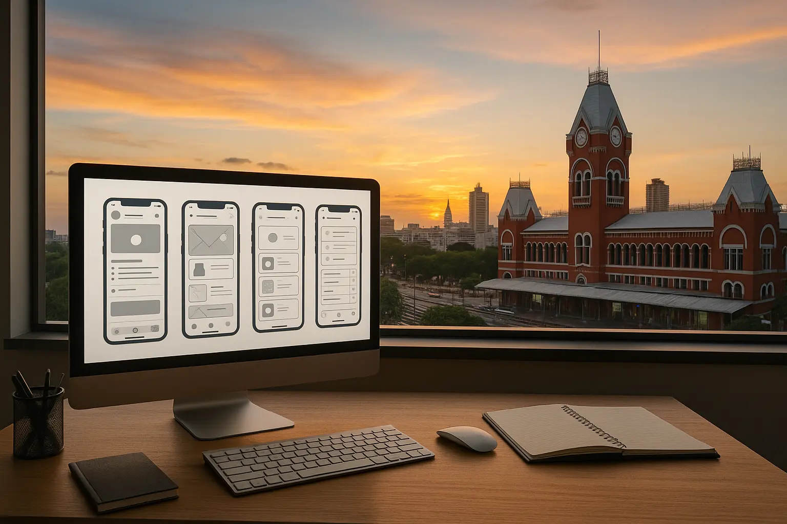 “Modern office desk with computer showing mobile app wireframes overlooking Chennai Central skyline at sunset – Top 10 Mobile App Development Company in Chennai 2025”