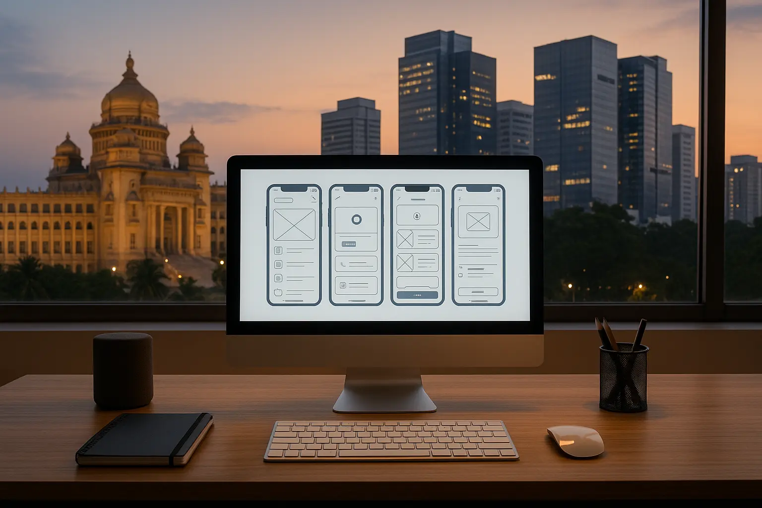 “Modern office desk with computer showing mobile app wireframes overlooking Vidhana Soudha and Bangalore skyline at dusk – Mobile App Development Company in Bangalore 2025”