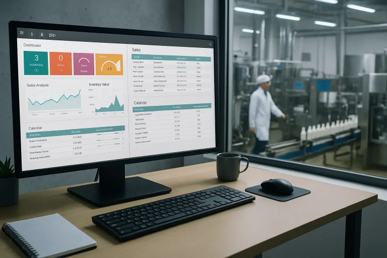 Modern ERP dashboard in textile/dairy control room in Erode with visible garment or dairy operations