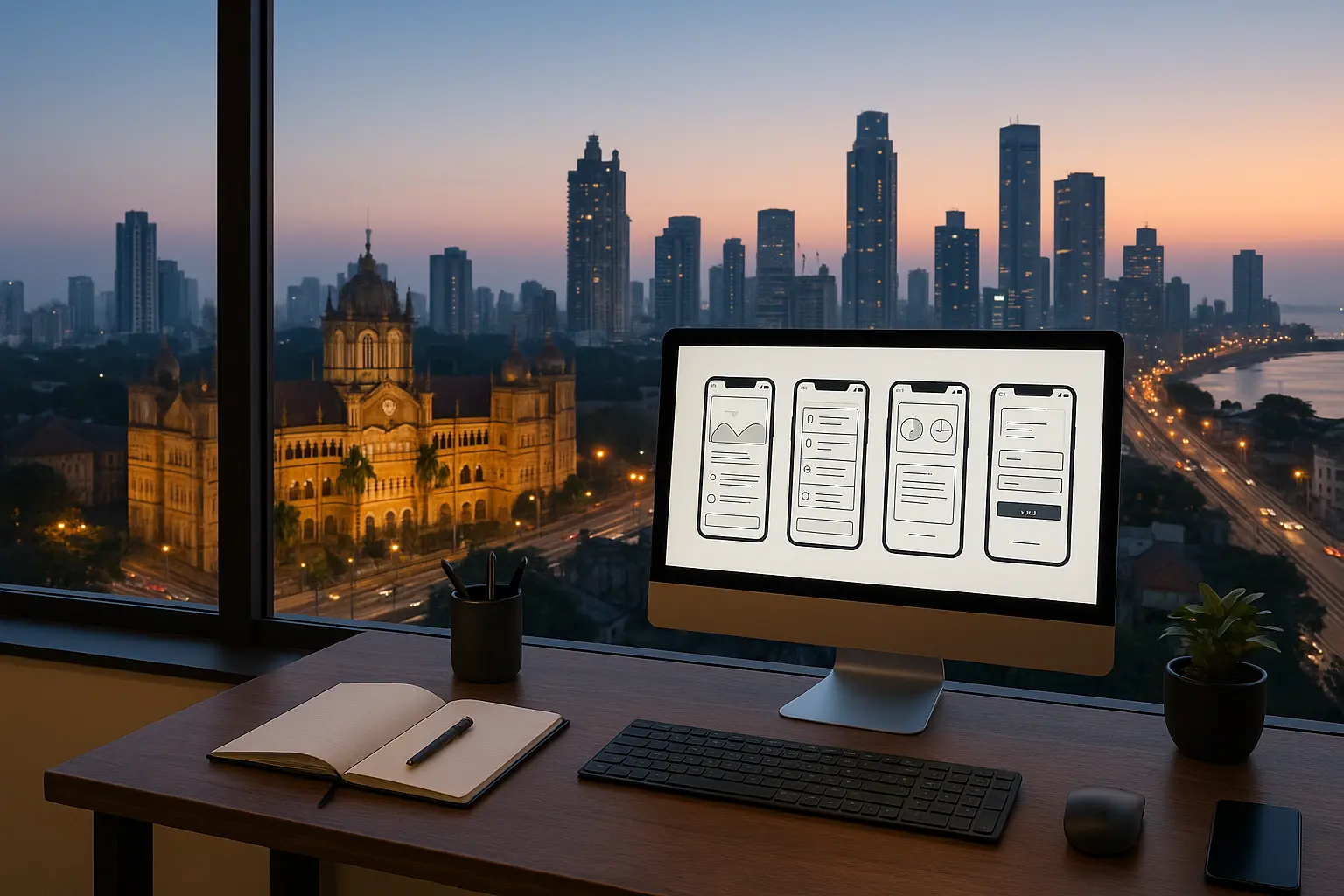 “Modern office desk with computer showing mobile app wireframes overlooking Mumbai skyline and Chhatrapati Shivaji Maharaj Terminus at twilight – Mobile App Development Company in India 2025”