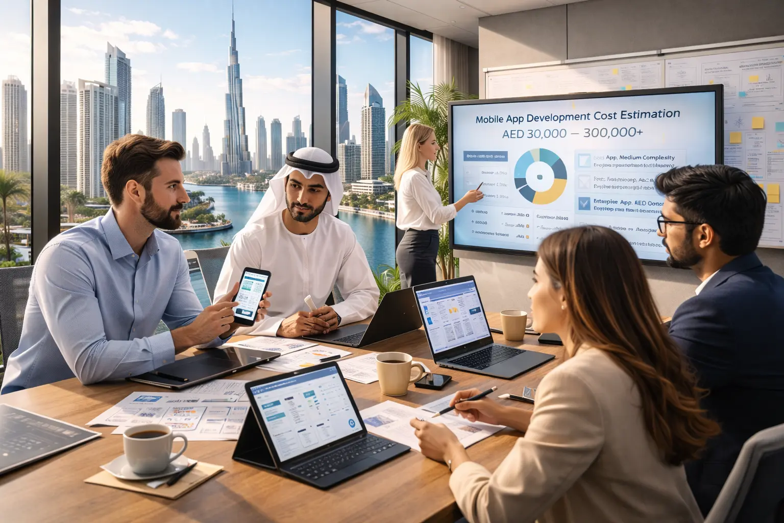 Business team discussing mobile app development cost estimation and project planning in a modern Dubai office