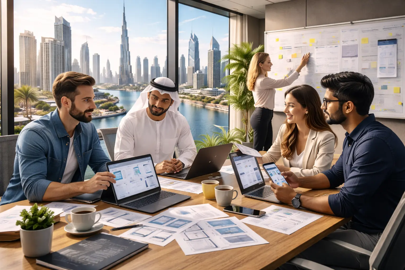 Startup founders and mobile app developers collaborating on MVP planning in a modern Dubai office environment