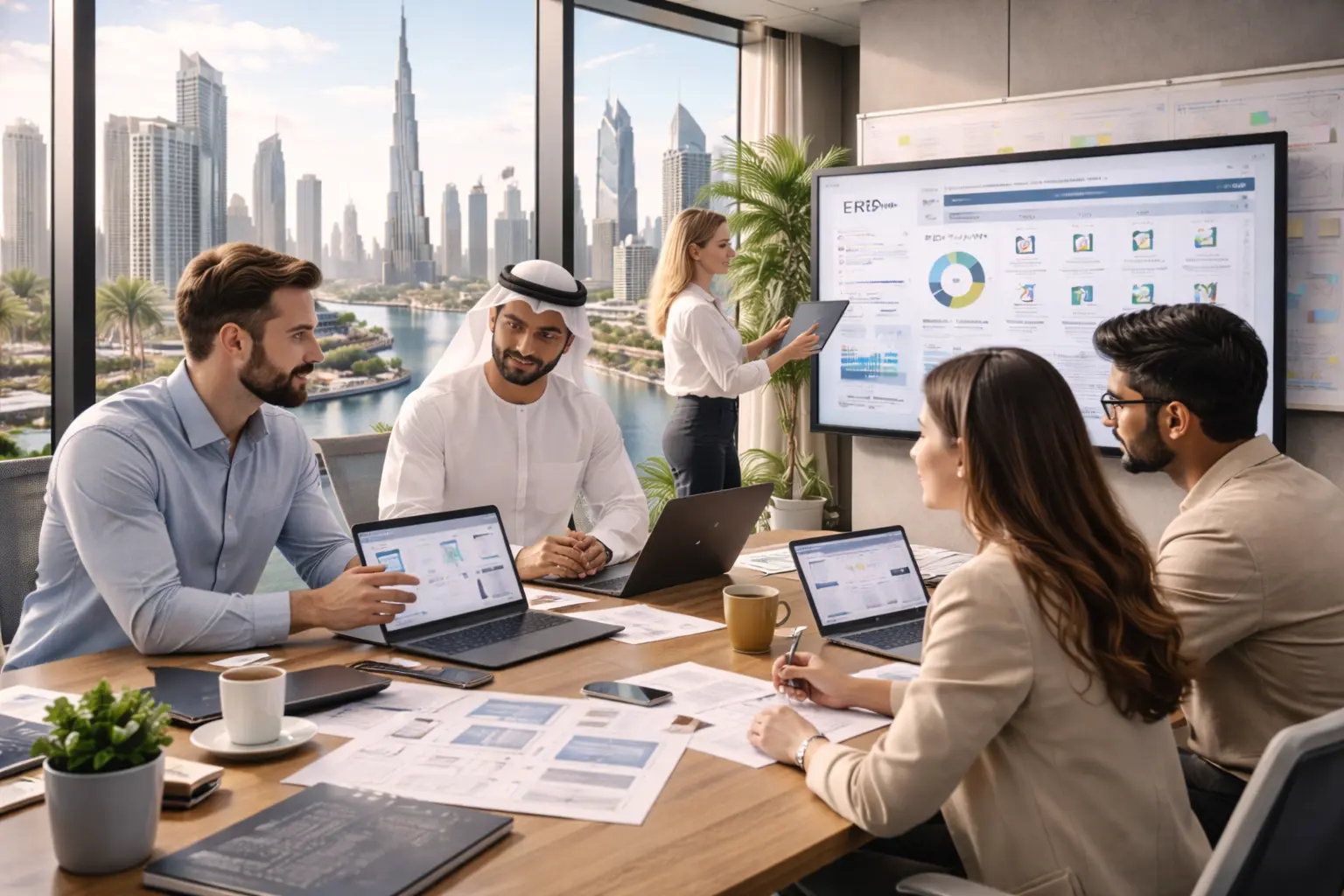 ERP software implementation team reviewing business workflows in a modern Dubai corporate office environment
