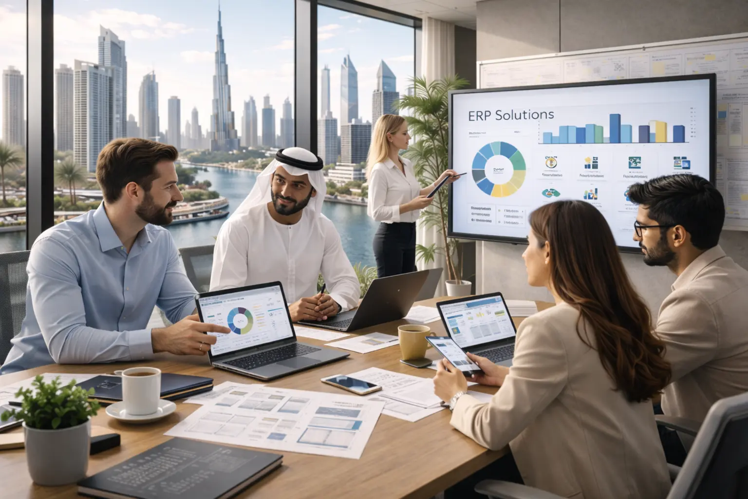 Business professionals analyzing ERP solutions and dashboards in a modern Dubai corporate office with natural lighting