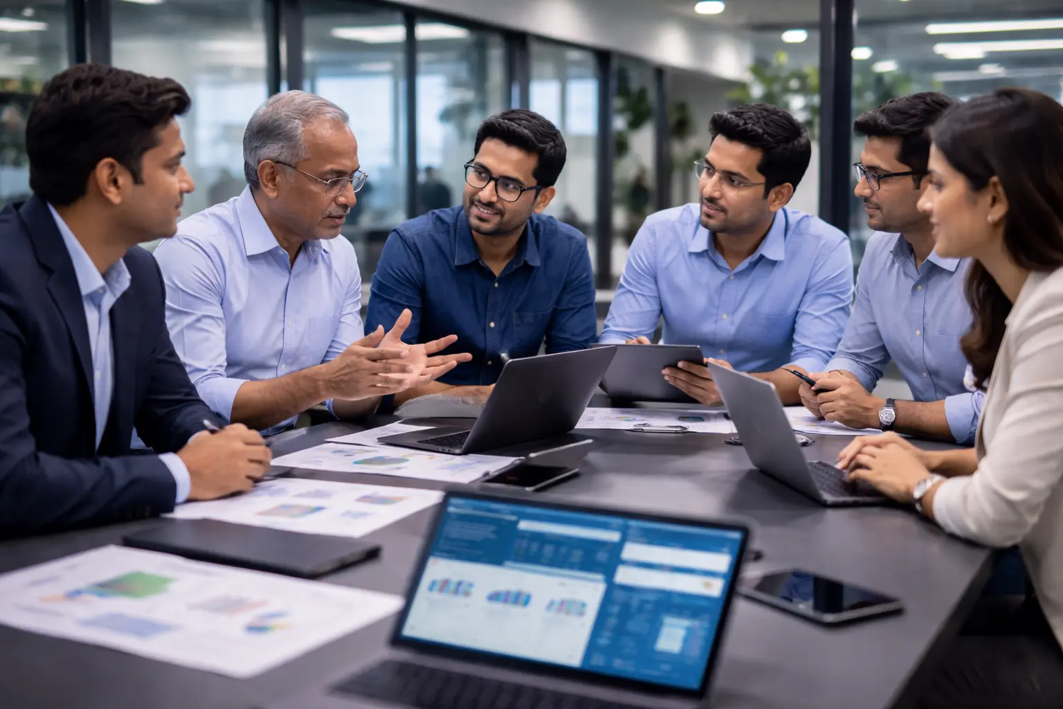 Indian enterprise professionals and software engineers collaborating in a modern office while reviewing business software requirements