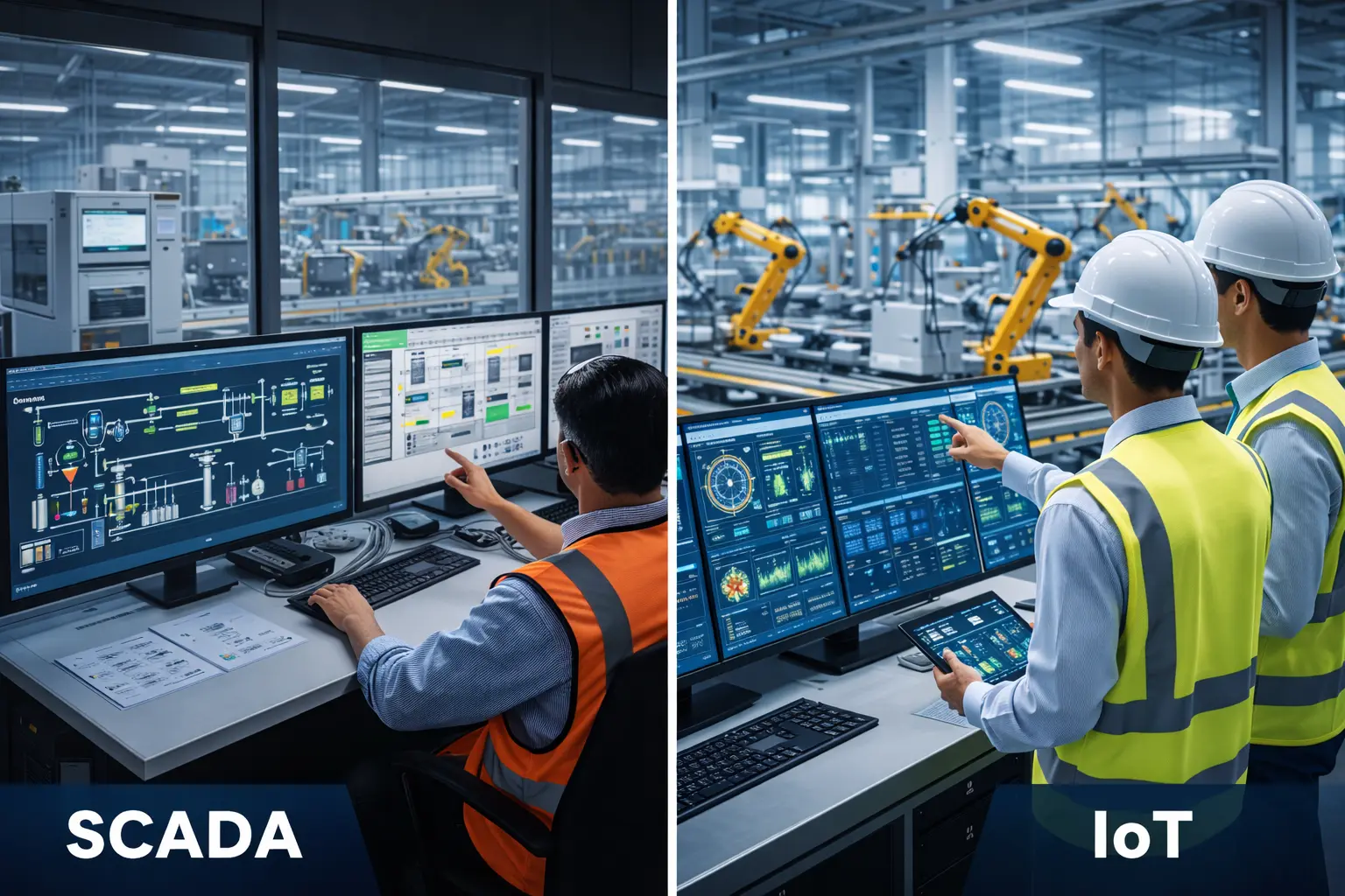 SCADA control room vs Industrial IoT dashboard comparison in factory