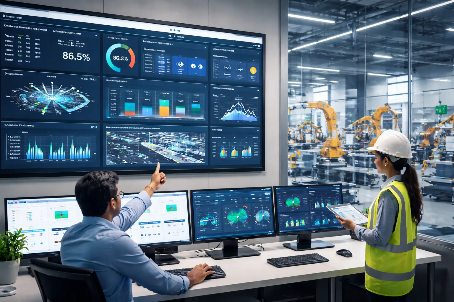 Industrial IoT Solutions in Chennai smart factory monitoring system with engineers analyzing real-time machine data