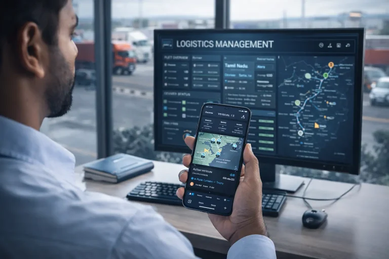 Logistics mobile app dashboard for Chennai transport company showing real-time GPS fleet tracking across Tamil Nadu