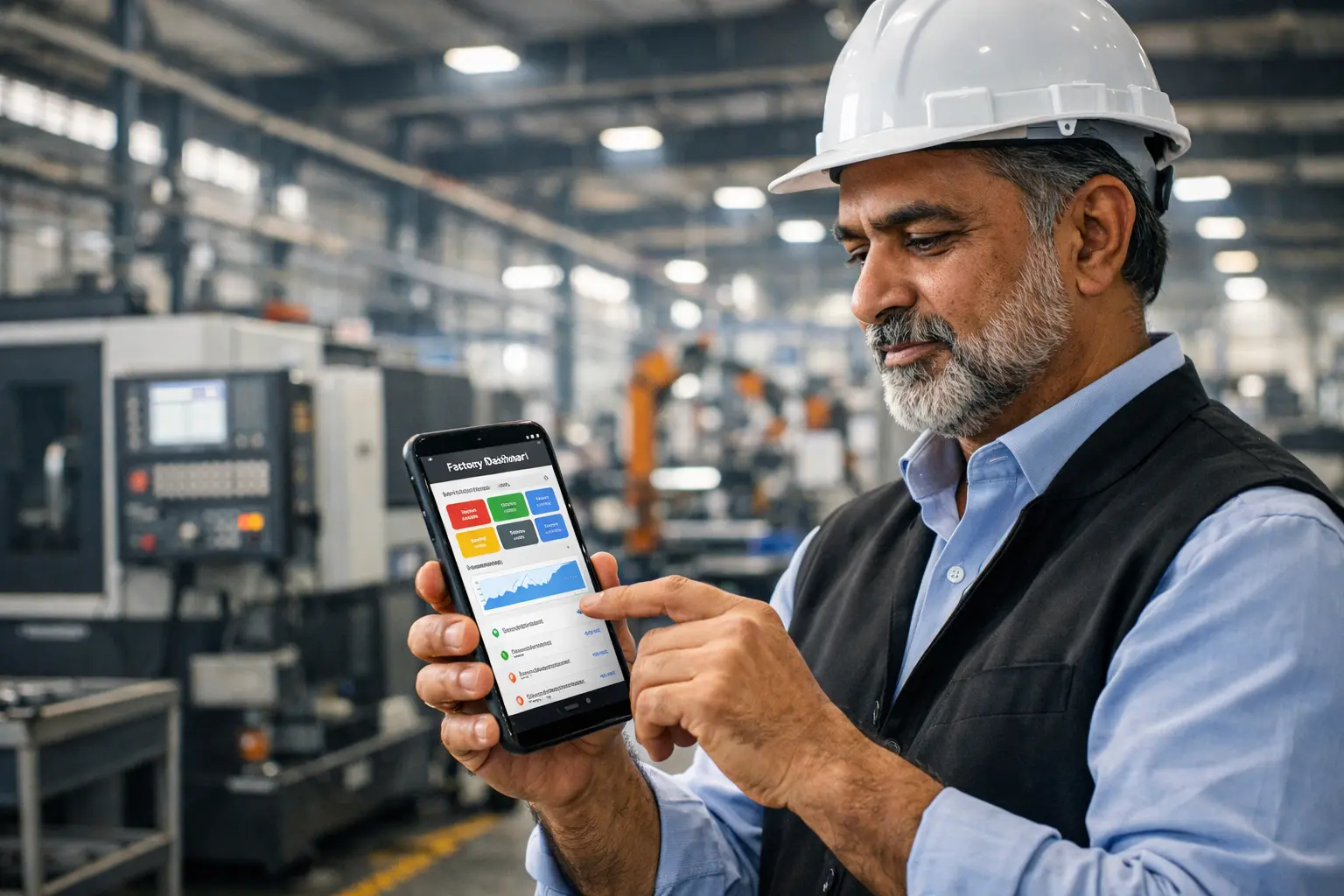 Indian factory owner using factory management app on mobile phone