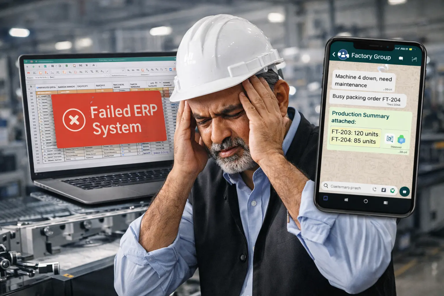 Indian factory owner frustrated with failed ERP system showing Excel and WhatsApp workarounds