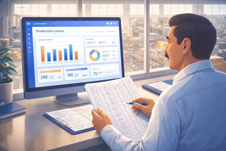 Indian factory owner reviewing production losses on digital dashboard vs manual paper logs