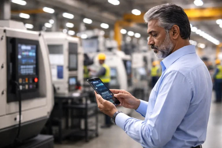 Indian factory owner monitoring machine performance on mobile app from shop floor