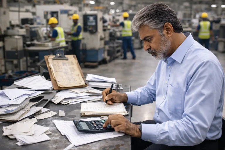 Indian factory owner calculating hidden losses from running manual operations without ERP or digital systems