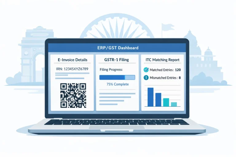 GST-compliant ERP software dashboard showing e-invoicing IRN generation, GSTR-1 auto-population and ITC matching for Indian manufacturing company