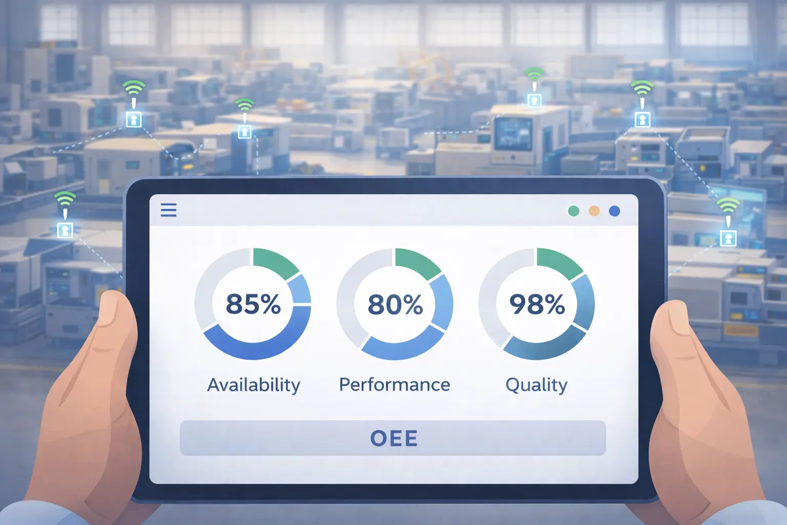 OEE monitoring dashboard on tablet showing Availability, Performance and Quality metrics for an Indian manufacturing factory with IIoT sensors