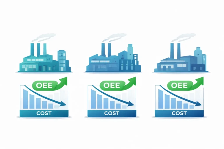 Predictive maintenance case study results showing before and after downtime and maintenance cost metrics for three Indian manufacturing factories
