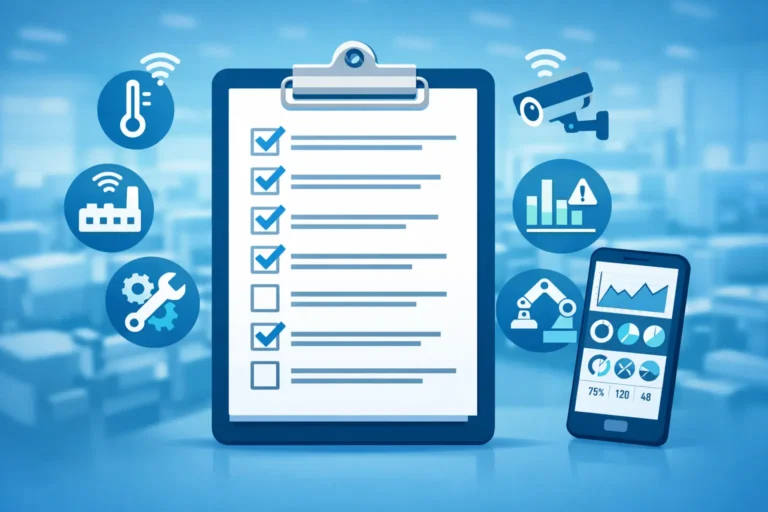 Smart factory implementation checklist for Indian manufacturers showing 10 steps from infrastructure assessment to go-live on a factory floor background