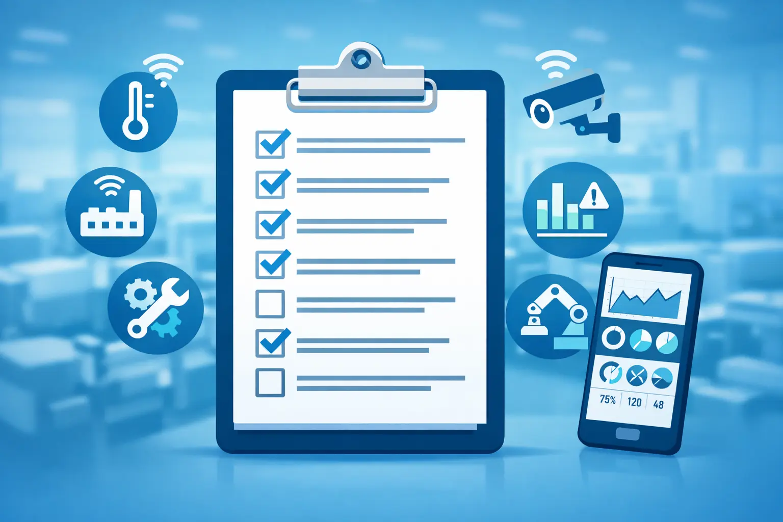 Smart factory implementation checklist for Indian manufacturers showing 10 steps from infrastructure assessment to go-live on a factory floor background