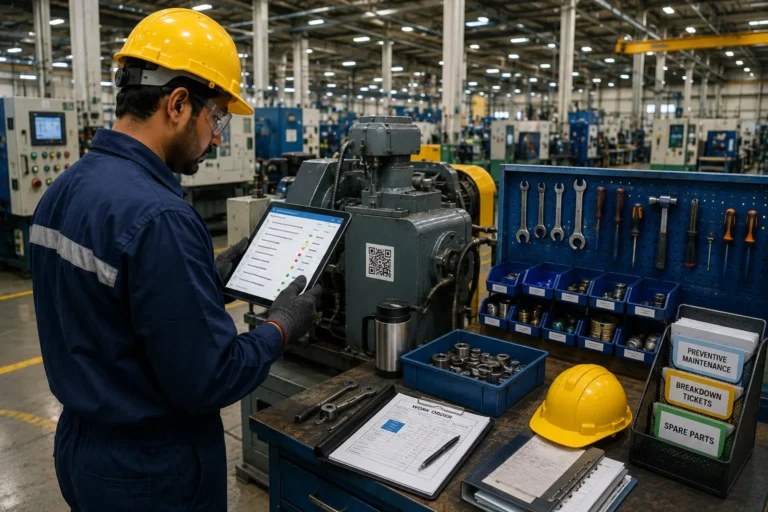Factory maintenance management system showing technician managing machine service work orders and spare parts