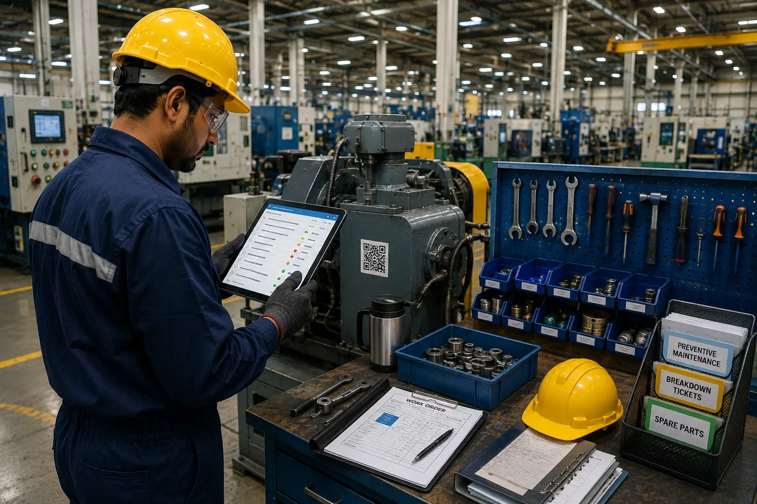 Factory maintenance management system showing technician managing machine service work orders and spare parts