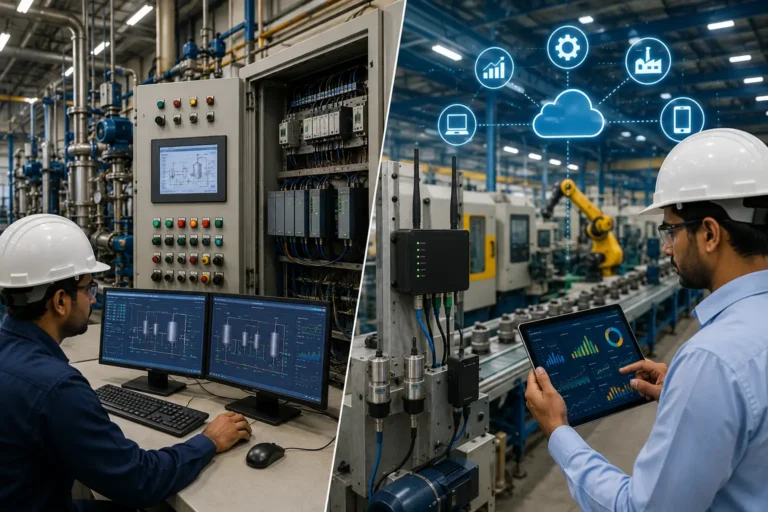 SCADA vs Industrial IoT comparison showing factory control system and connected smart factory platform