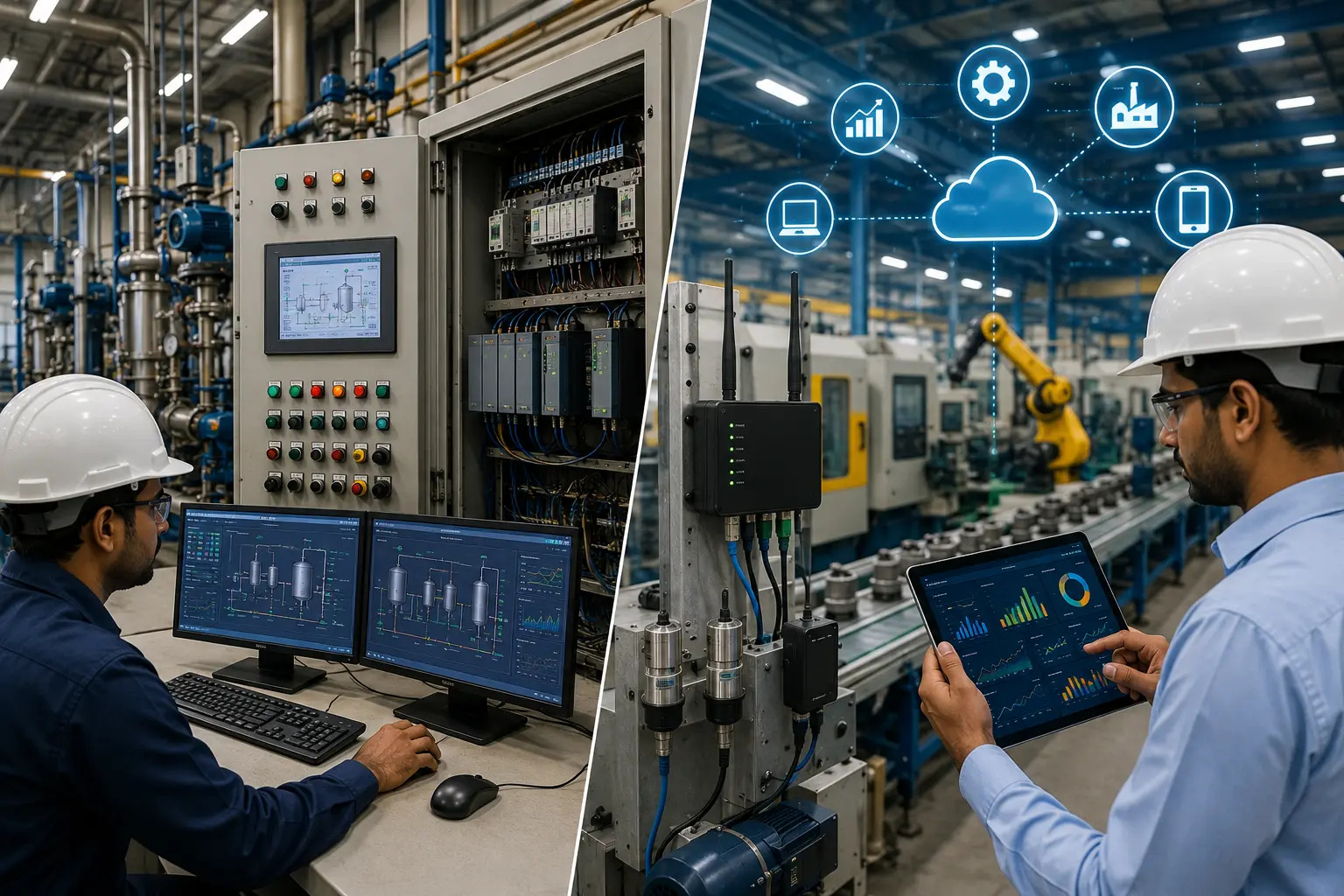 SCADA vs Industrial IoT comparison showing factory control system and connected smart factory platform