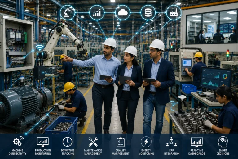 Digital transformation in manufacturing showing factory team connecting machines ERP dashboards and smart factory systems