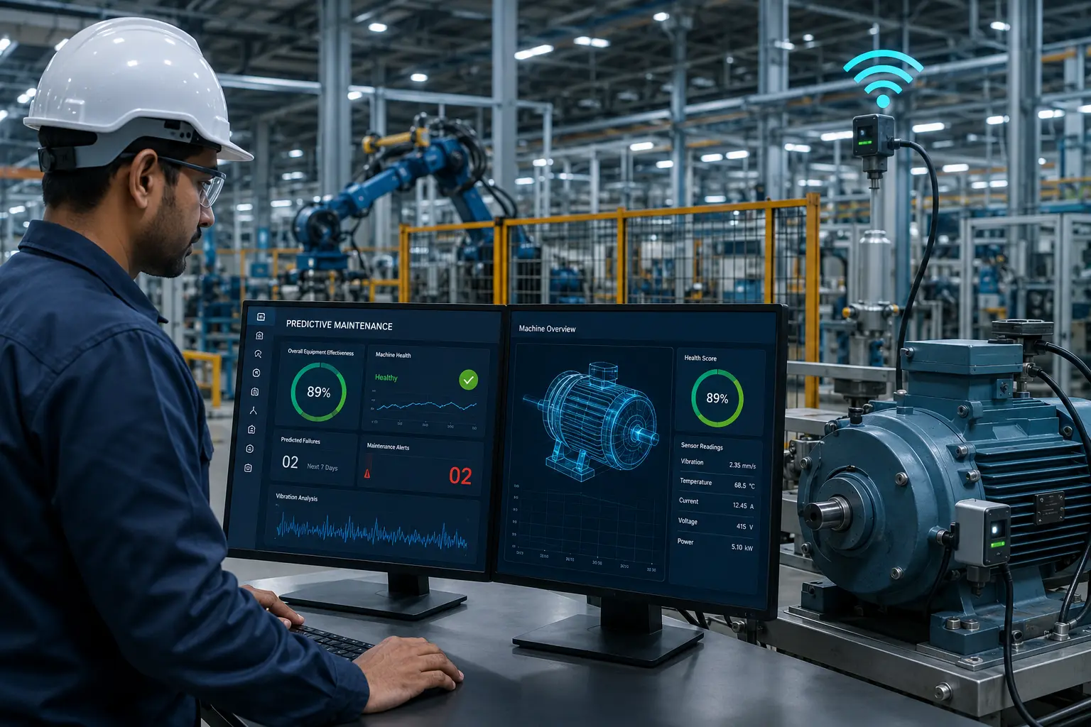 AI predictive maintenance India dashboard monitoring factory machines with Industrial IoT sensors