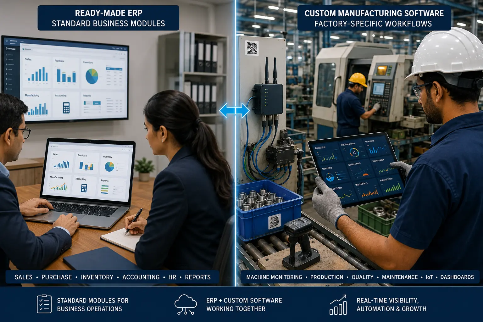 Custom manufacturing software vs ready-made ERP comparison showing factory workflow customization and standard ERP modules