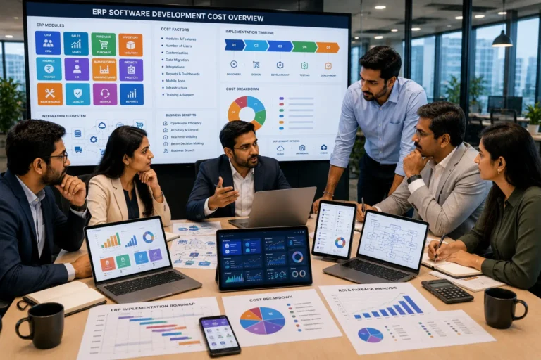 ERP software development cost in India showing business owners reviewing module pricing for CRM sales purchase inventory finance HR manufacturing and integrations