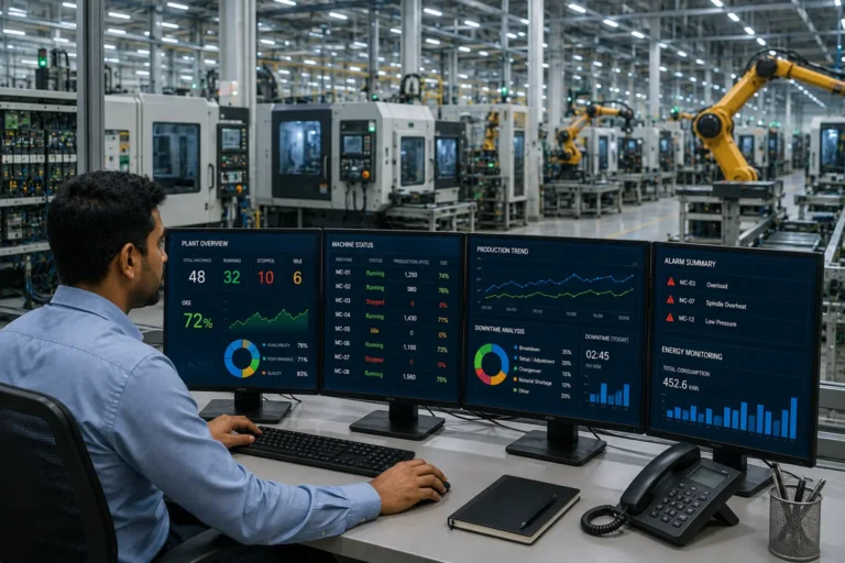Machine monitoring dashboard showing real-time production downtime and factory machine status