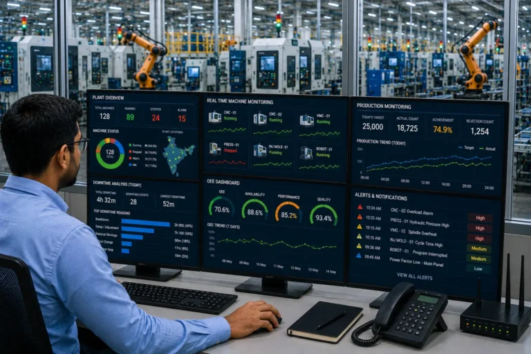 IoT remote machine monitoring dashboard showing live factory machine status alerts and production data