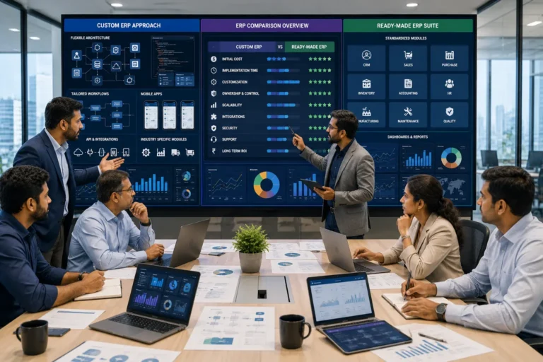Custom ERP vs ready-made ERP comparison showing cost customization implementation speed ownership scalability integrations and business workflow fit