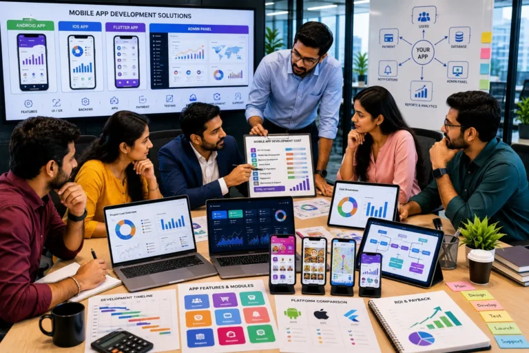 Mobile app development cost in Chennai showing business owner reviewing Android iOS Flutter backend admin panel API payment and support pricing