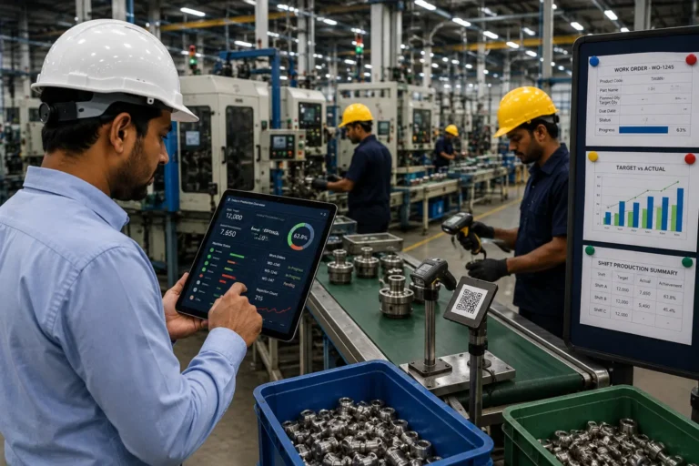 Production monitoring system showing supervisor tracking live factory output and target achievement on tablet