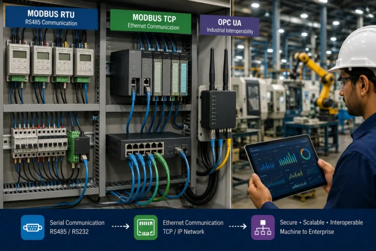 Modbus RTU vs Modbus TCP vs OPC UA factory communication setup with PLC gateway Ethernet and industrial IoT connectivity