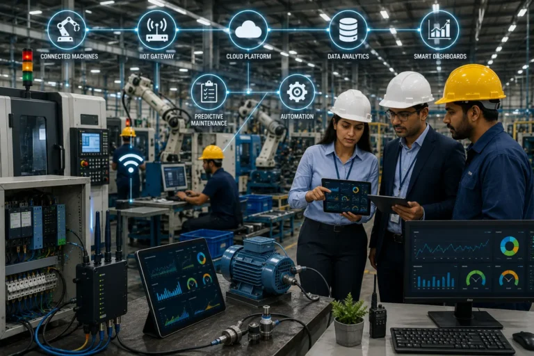 Industry 4.0 for Indian manufacturers showing connected machines IoT gateways ERP dashboards automation and smart factory team