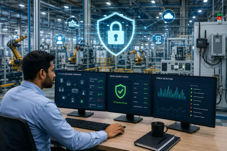 IoT cybersecurity for factories with secure Industrial IoT devices and smart factory monitoring dashboard