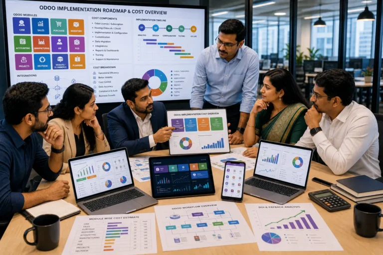 Odoo implementation cost in India showing business owners reviewing licence modules customization migration integration hosting training and support pricing