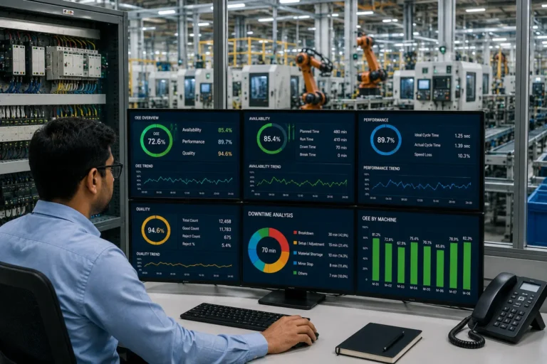 OEE dashboard showing availability performance quality and real-time factory machine efficiency