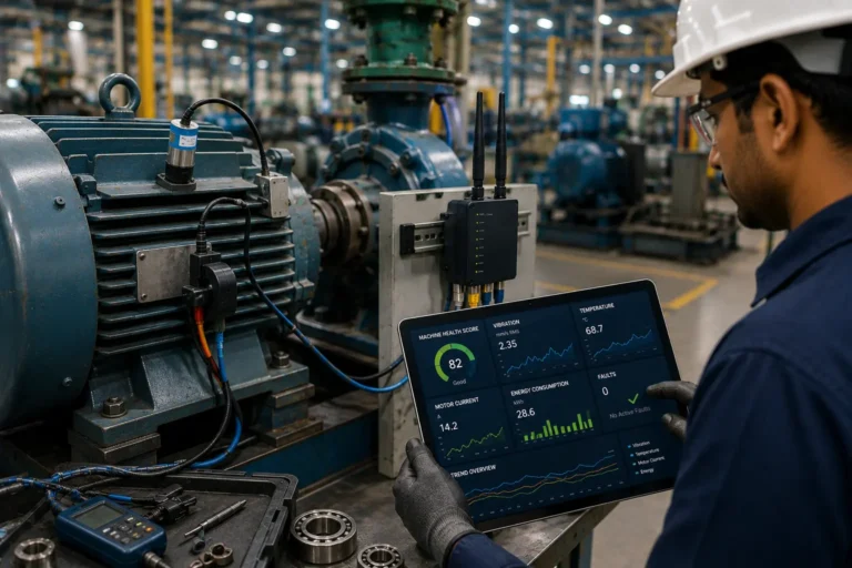 Machine health monitoring system showing vibration sensor temperature sensor motor condition and factory technician with tablet