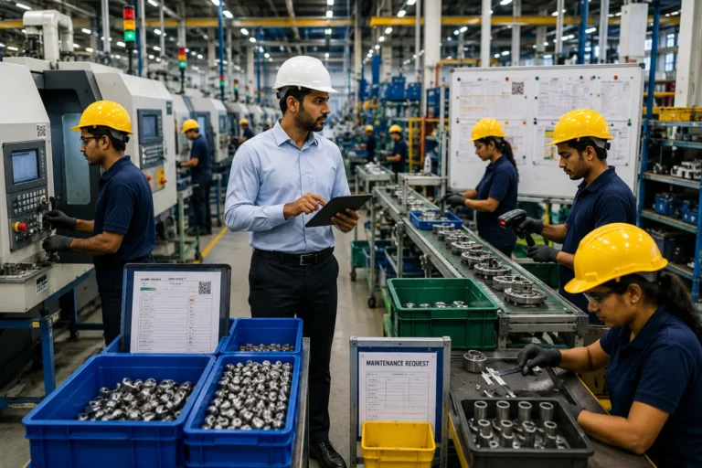 Shop floor management software showing supervisor managing production workers machines and work orders on factory floor