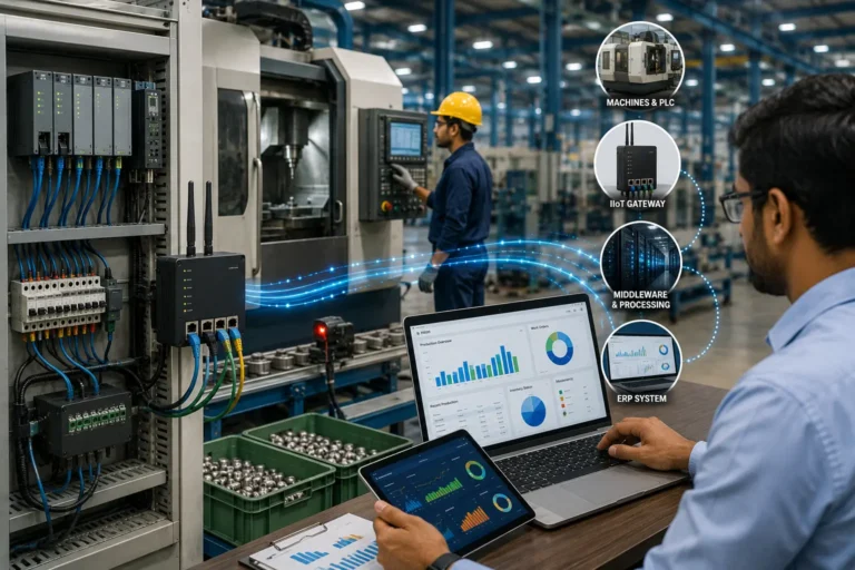 ERP integration with machines showing PLC data connected from factory machines to ERP dashboard
