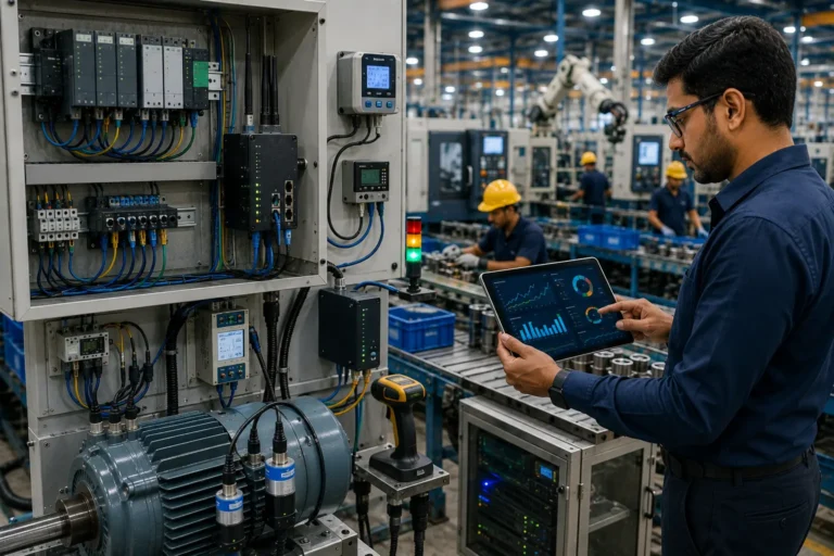 Factory data acquisition system collecting PLC sensor machine energy meter and production data for smart factory dashboard