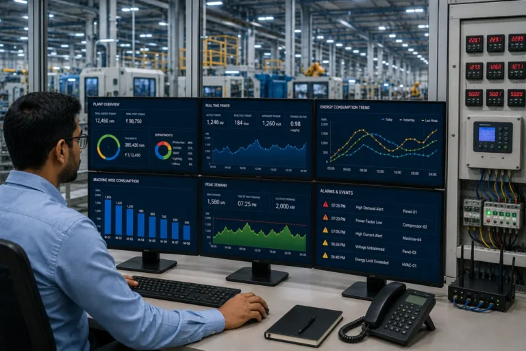 Energy monitoring system for factories showing real-time machine-wise power consumption dashboard